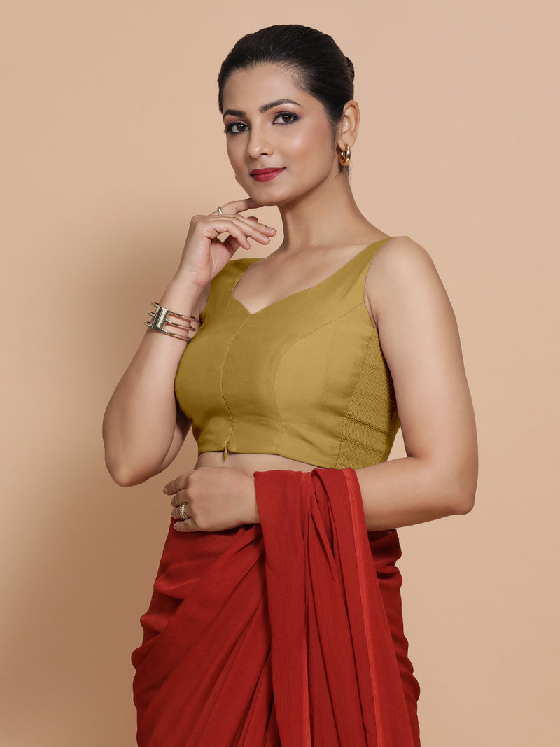 Nitya x Rozaana | Sleeveless Saree Blouse in Dijon Mustard-Binks