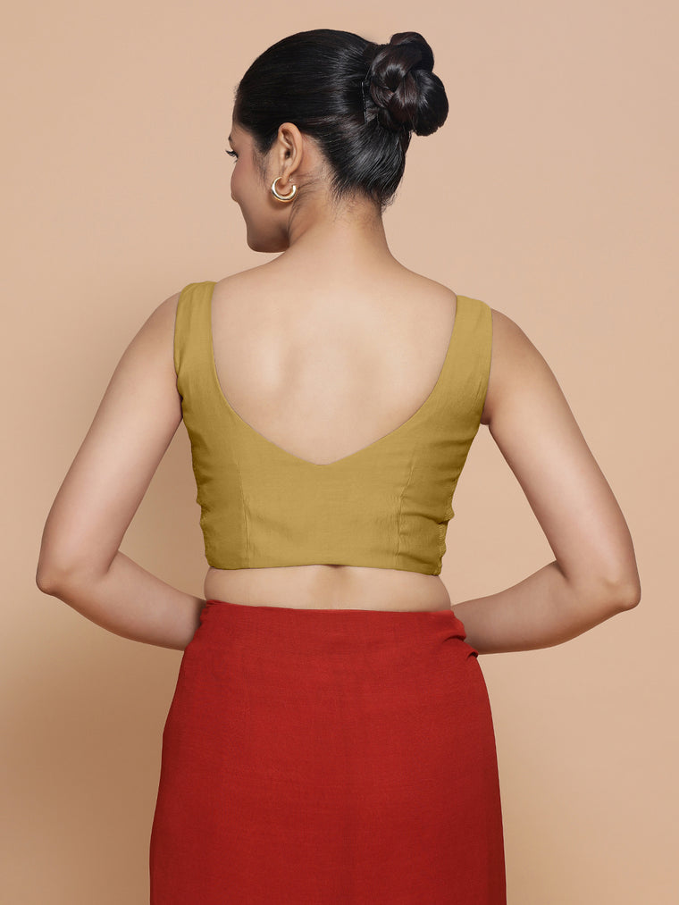 Nitya x Rozaana Saree Blouse, in Yellow Viscose, featuring sleeveless and sweetheart neckline, made for daily & work (view 2).