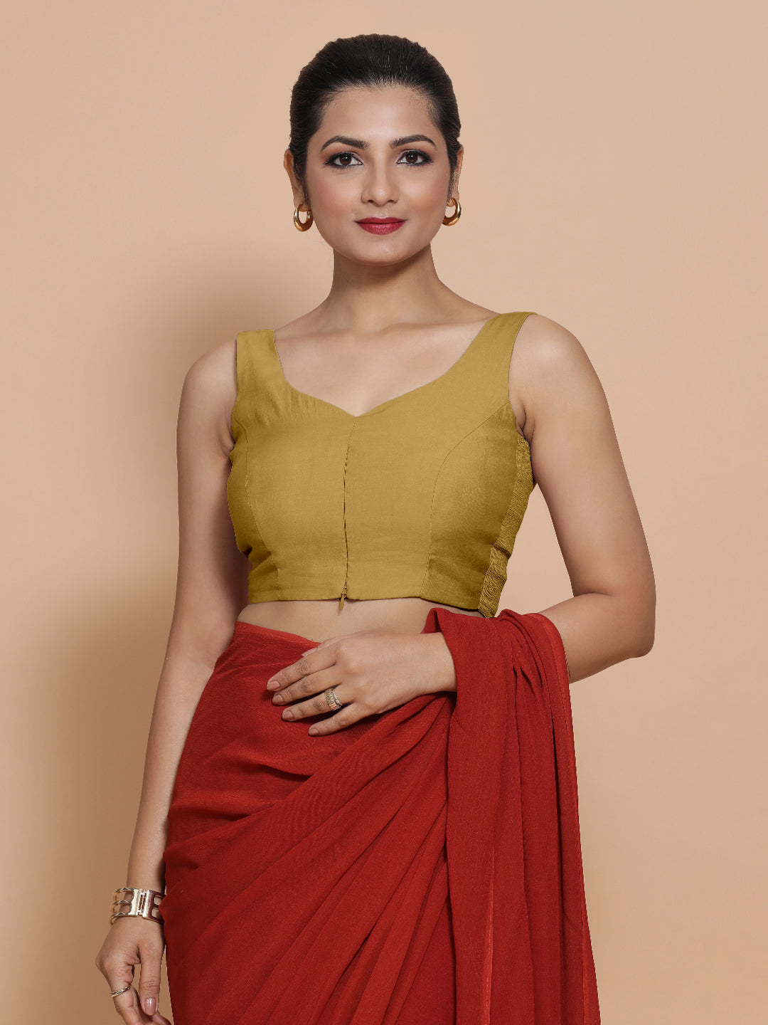 Nitya x Rozaana Saree Blouse, in Yellow Viscose, featuring sleeveless and sweetheart neckline, made for daily & work (view 8).