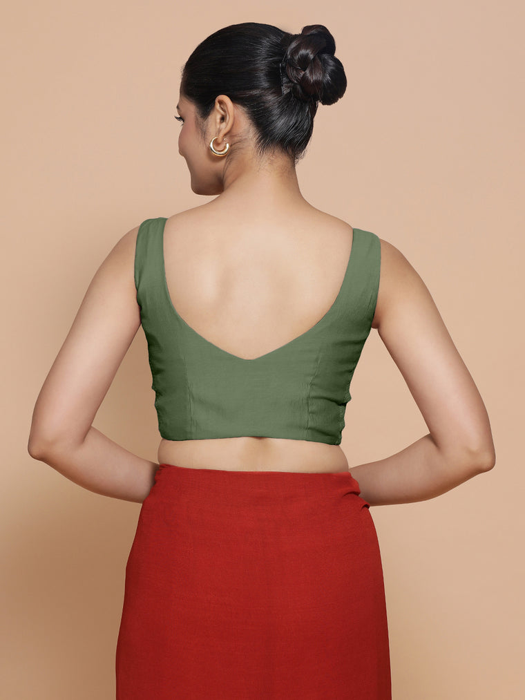 Nitya x Rozaana Saree Blouse, in Green Viscose, featuring sleeveless and sweetheart neckline, made for daily & work (view 2).