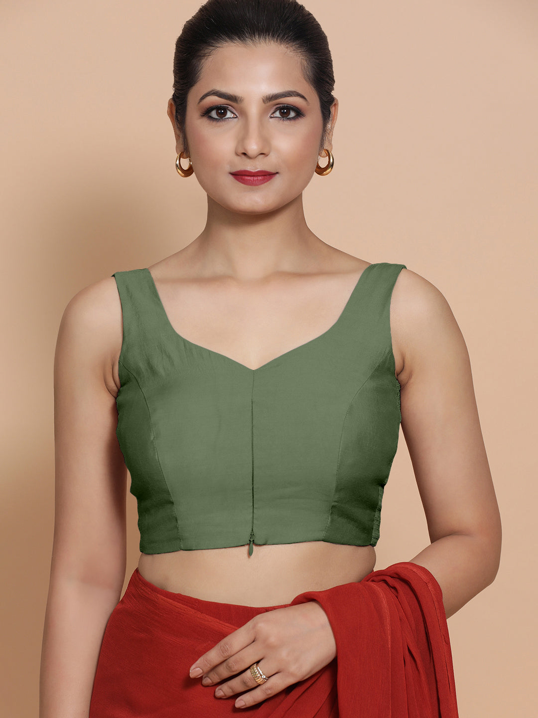 Nitya x Rozaana Saree Blouse, in Green Viscose, featuring sleeveless and sweetheart neckline, made for daily & work (view 5).