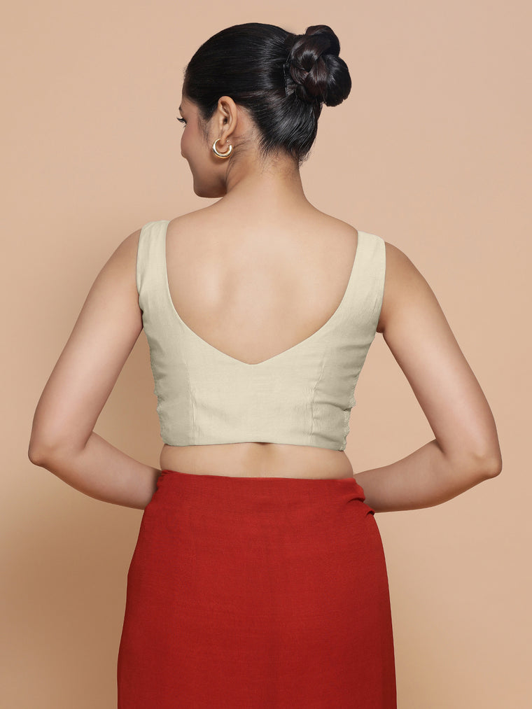 Nitya x Rozaana Saree Blouse, in Cream Viscose, featuring sleeveless and sweetheart neckline, made for daily & work (view 2).