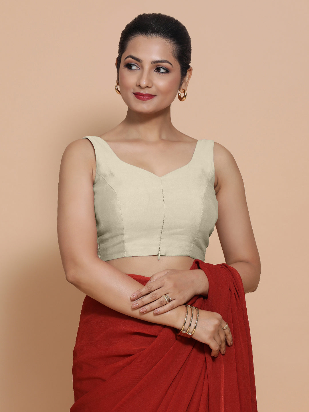 Nitya x Rozaana Saree Blouse, in Cream Viscose, featuring sleeveless and sweetheart neckline, made for daily & work (view 7).