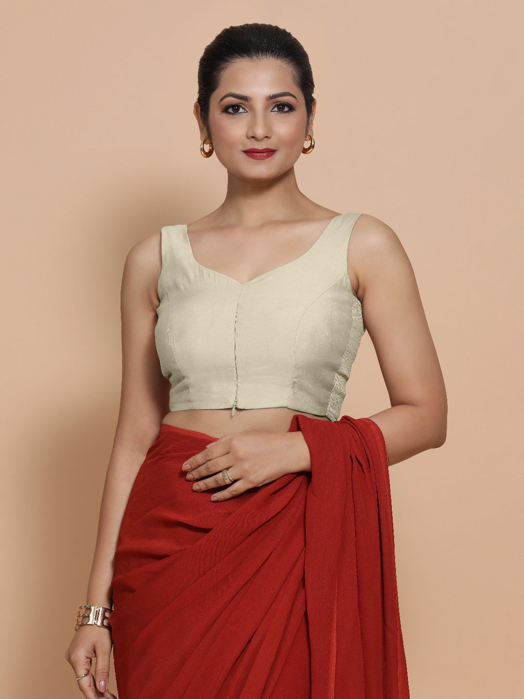 Nitya x Rozaana Saree Blouse, in Cream Viscose, featuring sleeveless and sweetheart neckline, made for daily & work (view 8).