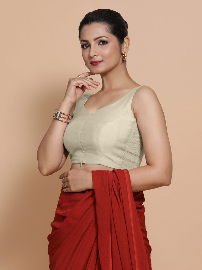 Nitya x Rozaana | Sleeveless Saree Blouse in Ivory-Binks