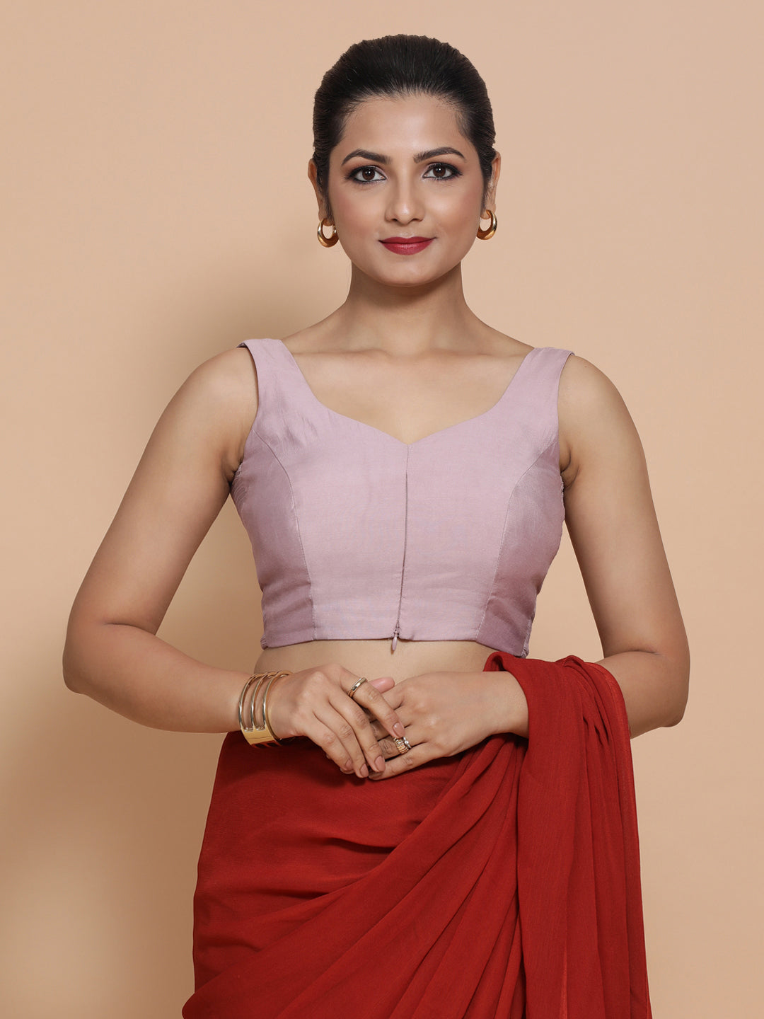 Nitya x Rozaana Saree Blouse, in Purple Viscose, featuring sleeveless and sweetheart neckline, made for daily & work.