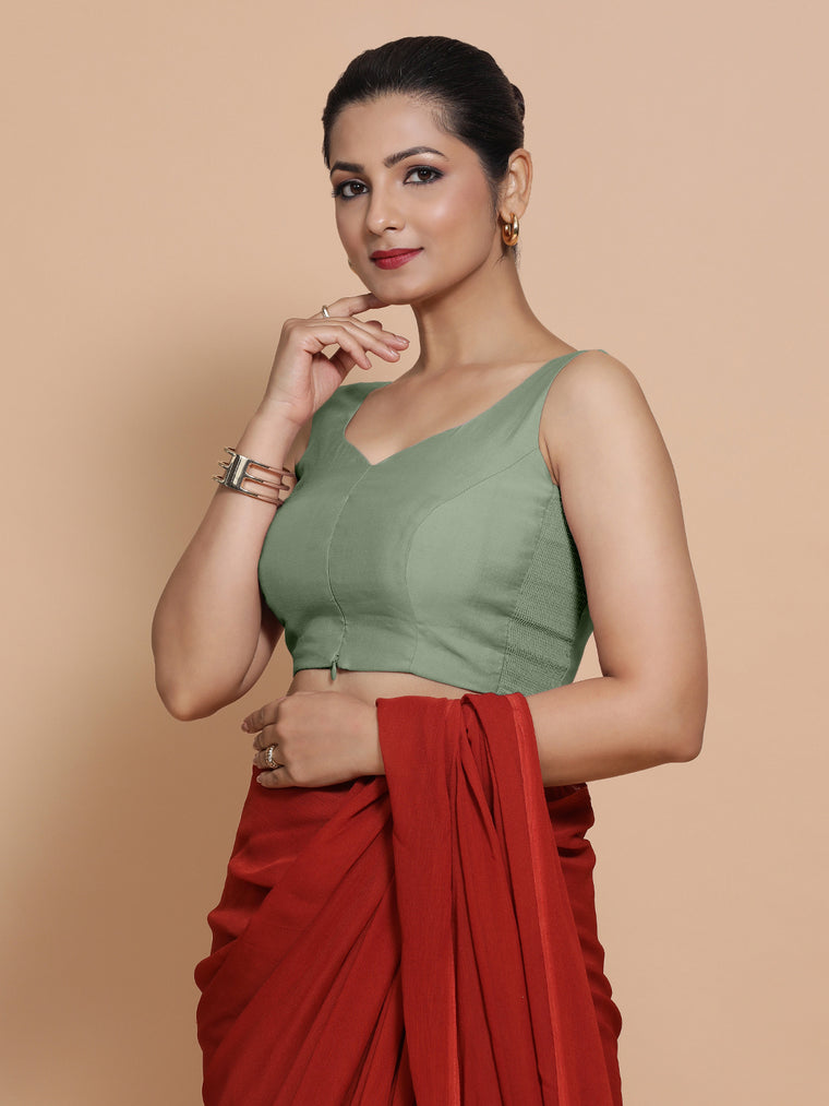 Nitya x Rozaana Saree Blouse, in Green Viscose, featuring sleeveless and sweetheart neckline, made for daily & work.