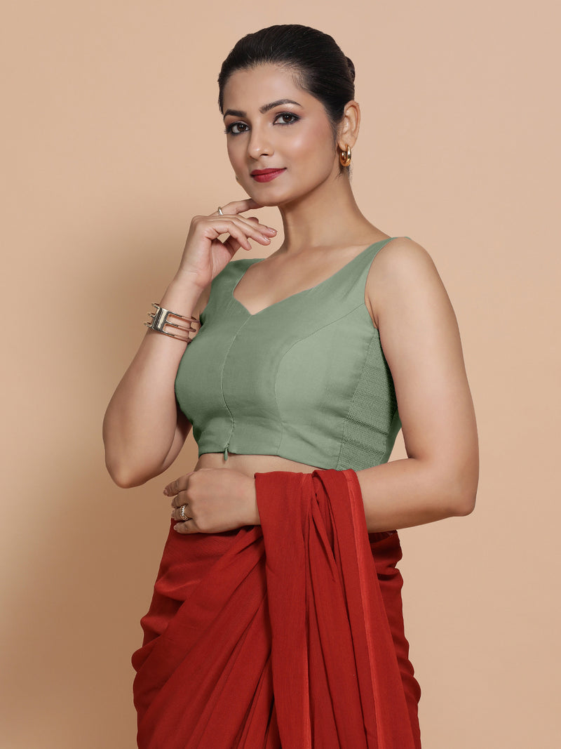 Nitya x Rozaana | Sleeveless Saree Blouse in Mint Green-Binks