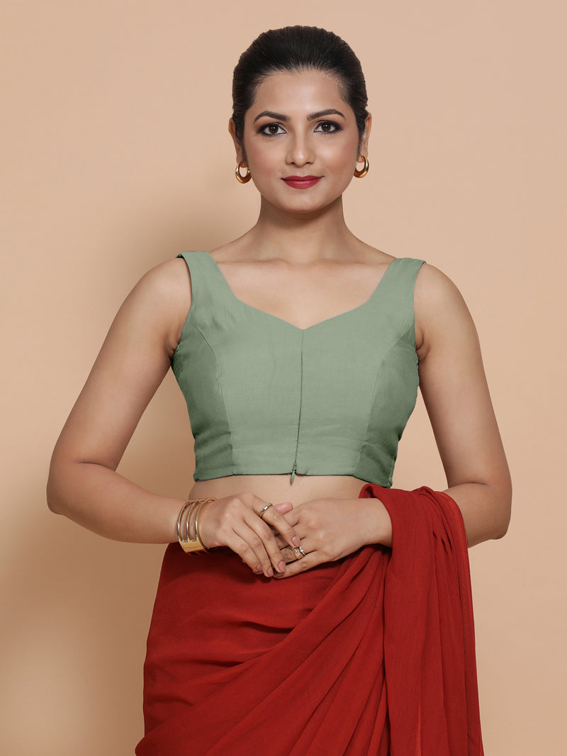 Nitya x Rozaana | Sleeveless Saree Blouse in Mint Green-Binks