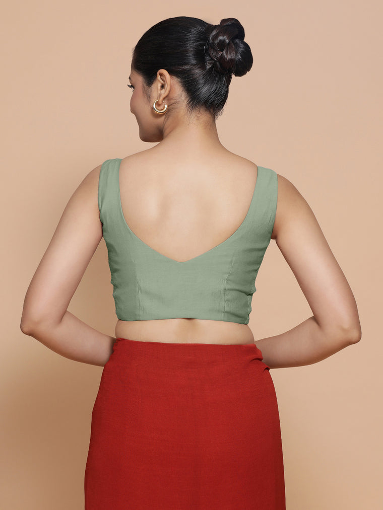 Nitya x Rozaana Saree Blouse, in Green Viscose, featuring sleeveless and sweetheart neckline, made for daily & work (view 2).