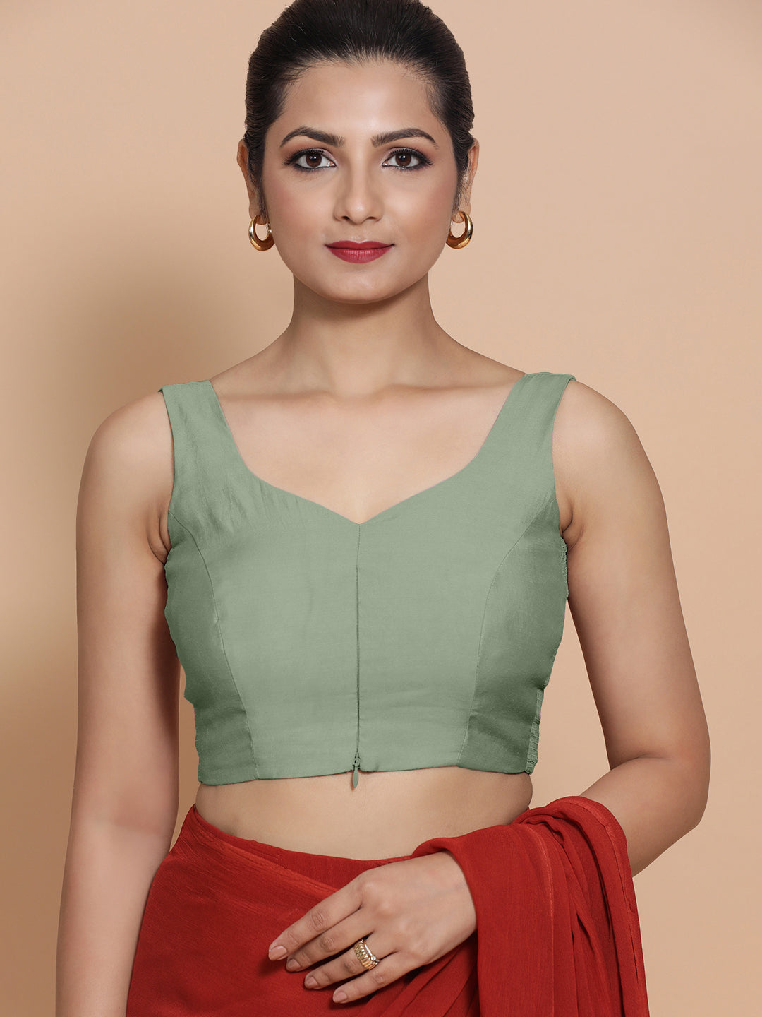 Nitya x Rozaana Saree Blouse, in Green Viscose, featuring sleeveless and sweetheart neckline, made for daily & work (view 5).