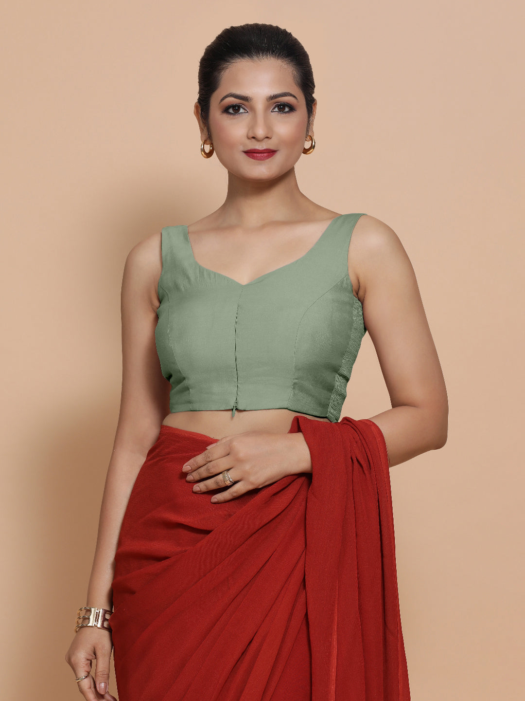 Nitya x Rozaana Saree Blouse, in Green Viscose, featuring sleeveless and sweetheart neckline, made for daily & work (view 8).