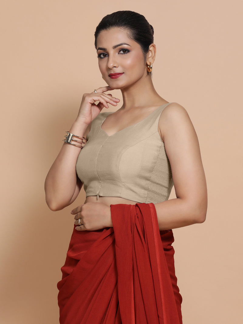 Nitya x Rozaana | Sleeveless Saree Blouse in Oyster Grey-Binks