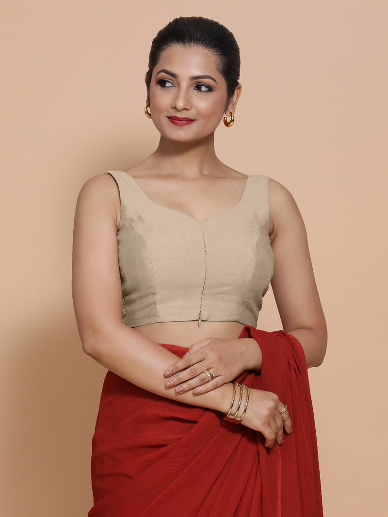 Nitya x Rozaana | Sleeveless Saree Blouse in Oyster Grey-Binks