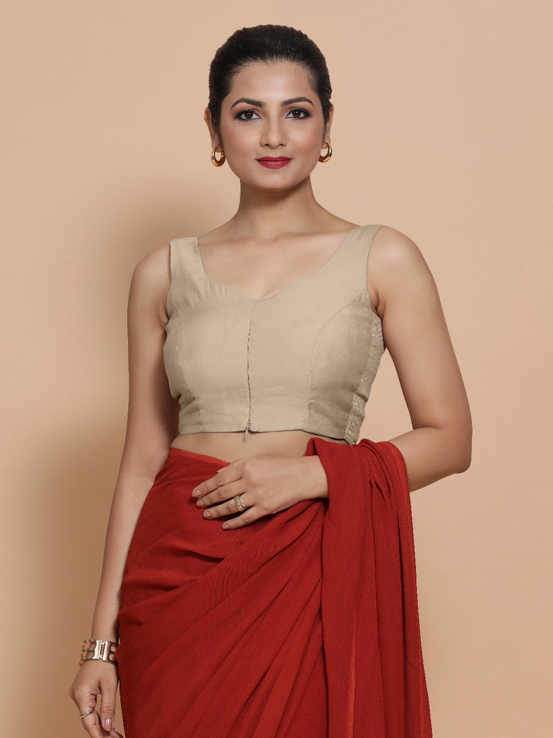 Nitya x Rozaana | Sleeveless Saree Blouse in Oyster Grey-Binks