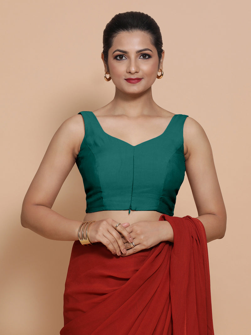 Nitya x Rozaana | Sleeveless Saree Blouse in Peacock Green-Binks