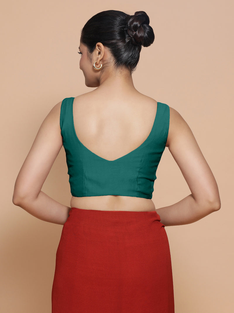 Nitya x Rozaana | Sleeveless Saree Blouse in Peacock Green-Binks