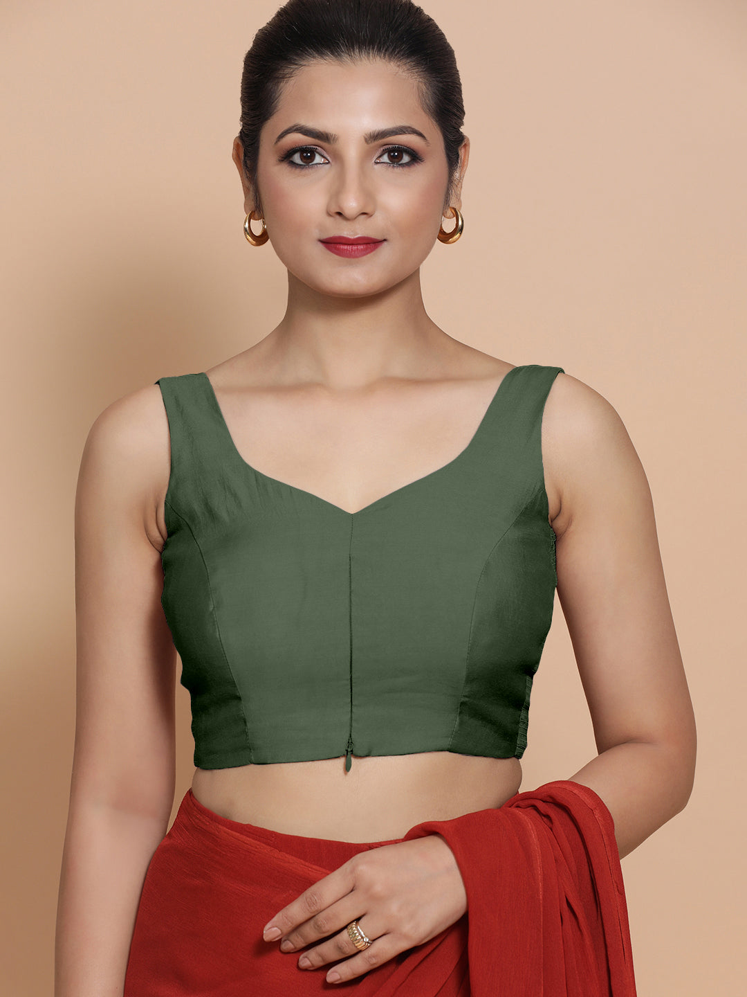 Nitya x Rozaana Saree Blouse, in Green Viscose, featuring sleeveless and sweetheart neckline, made for daily & work (view 5).