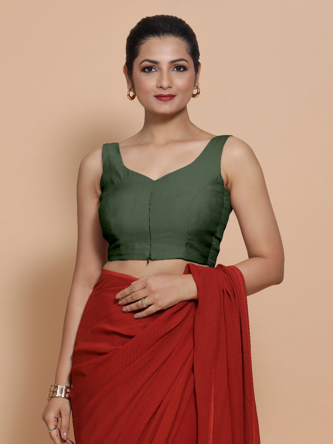 Nitya x Rozaana Saree Blouse, in Green Viscose, featuring sleeveless and sweetheart neckline, made for daily & work (view 8).