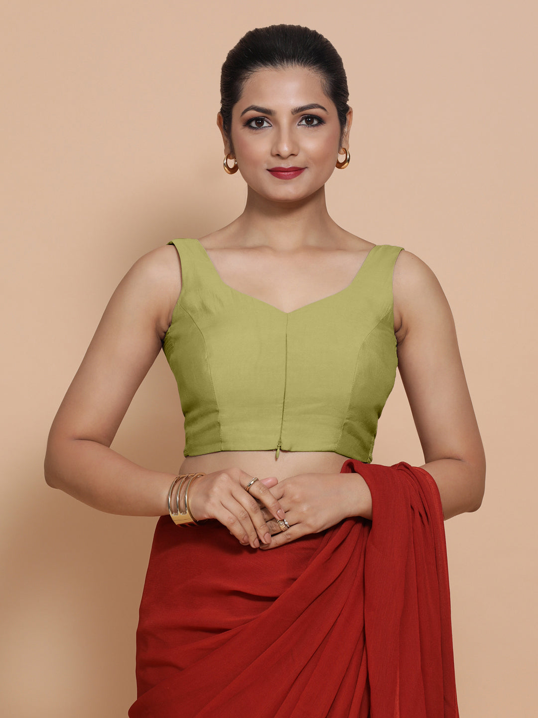 Nitya x Rozaana Saree Blouse, in Green Viscose, featuring sleeveless and curved v-neckline, made for daily & work (view 7).