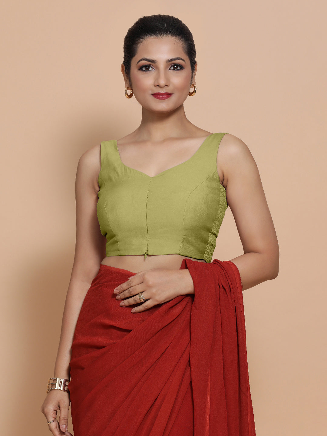 Nitya x Rozaana Saree Blouse, in Green Viscose, featuring sleeveless and curved v-neckline, made for daily & work (view 8).