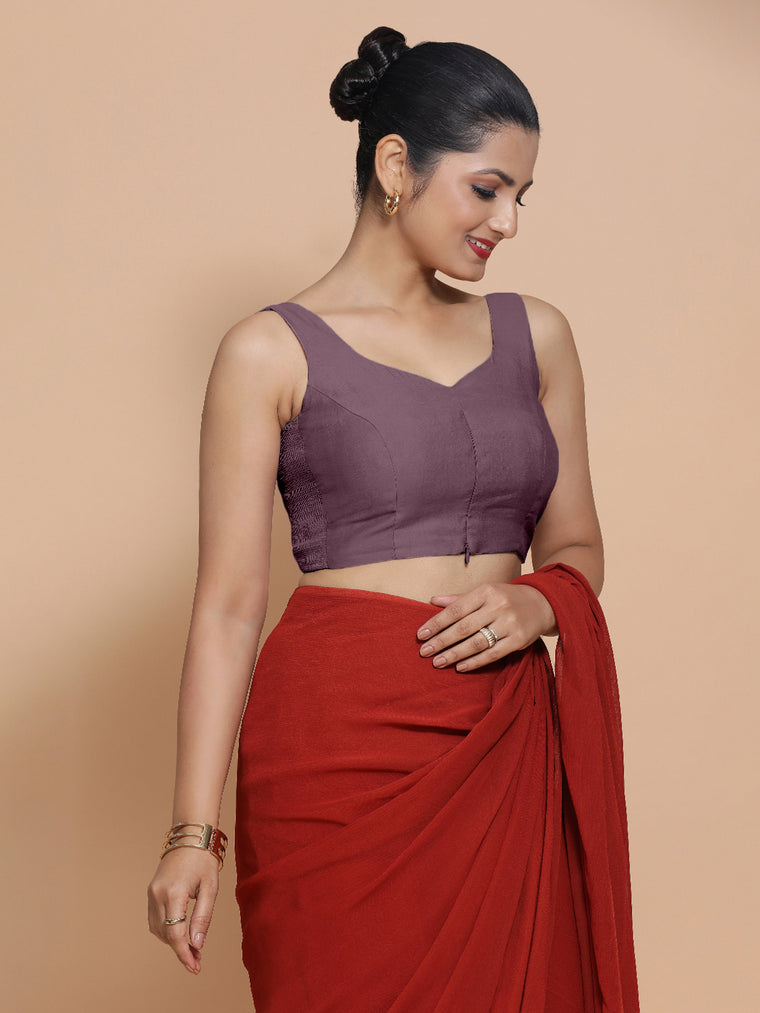 Nitya x Rozaana Saree Blouse, in Purple Viscose, featuring sleeveless and sweetheart neckline, made for daily & work.