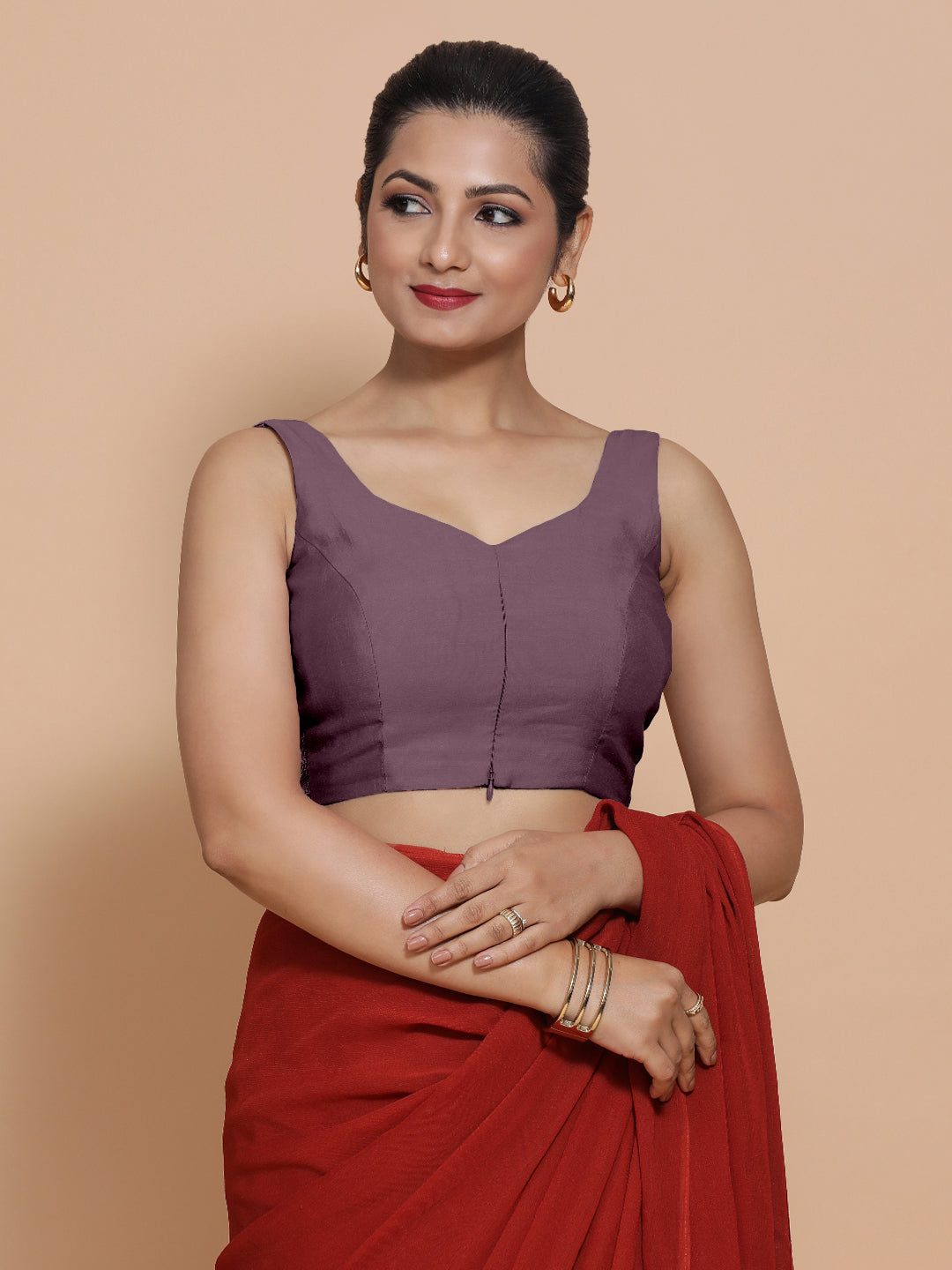 Nitya x Rozaana Saree Blouse, in Purple Viscose, featuring sleeveless and sweetheart neckline, made for daily & work (view 7).