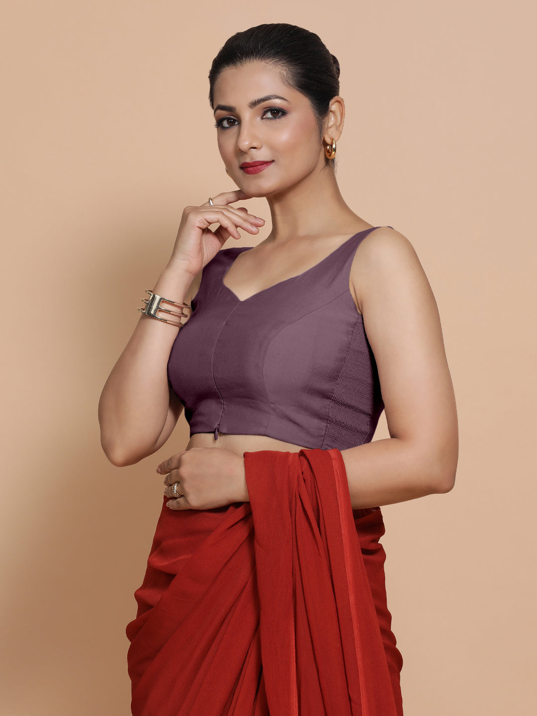Nitya x Rozaana Saree Blouse, in Purple Viscose, featuring sleeveless and sweetheart neckline, made for daily & work (view 8).
