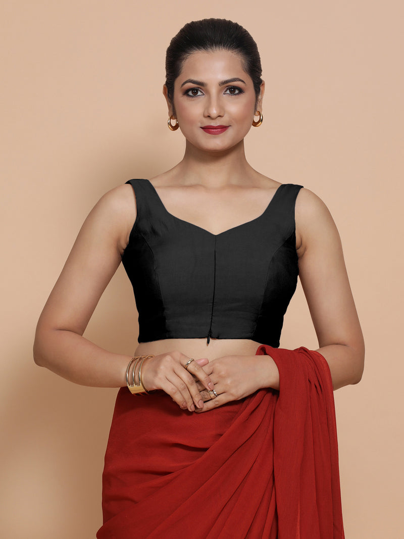 Nitya x Rozaana | Sleeveless Saree Blouse in Raven Black-Binks