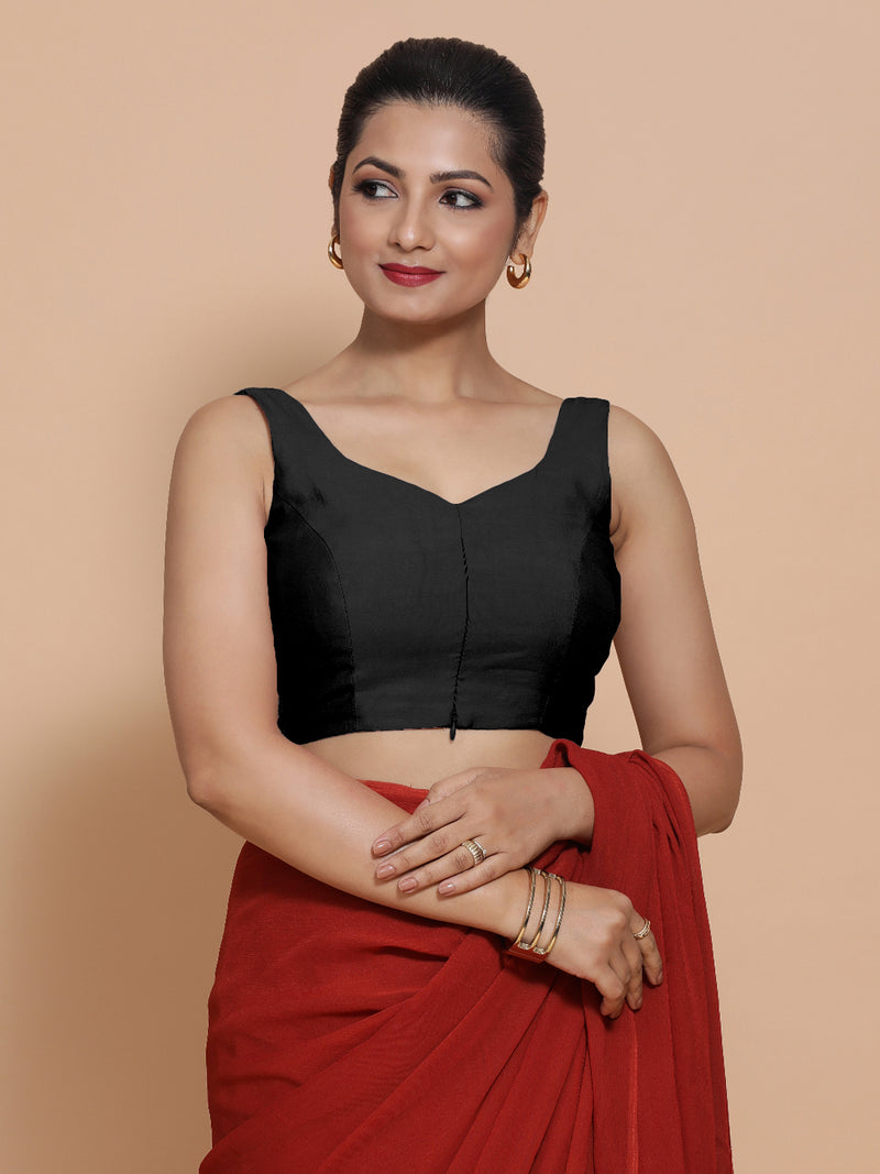 Nitya x Rozaana | Sleeveless Saree Blouse in Raven Black-Binks
