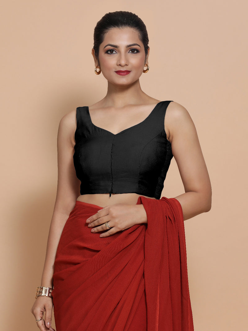 Nitya x Rozaana | Sleeveless Saree Blouse in Raven Black-Binks