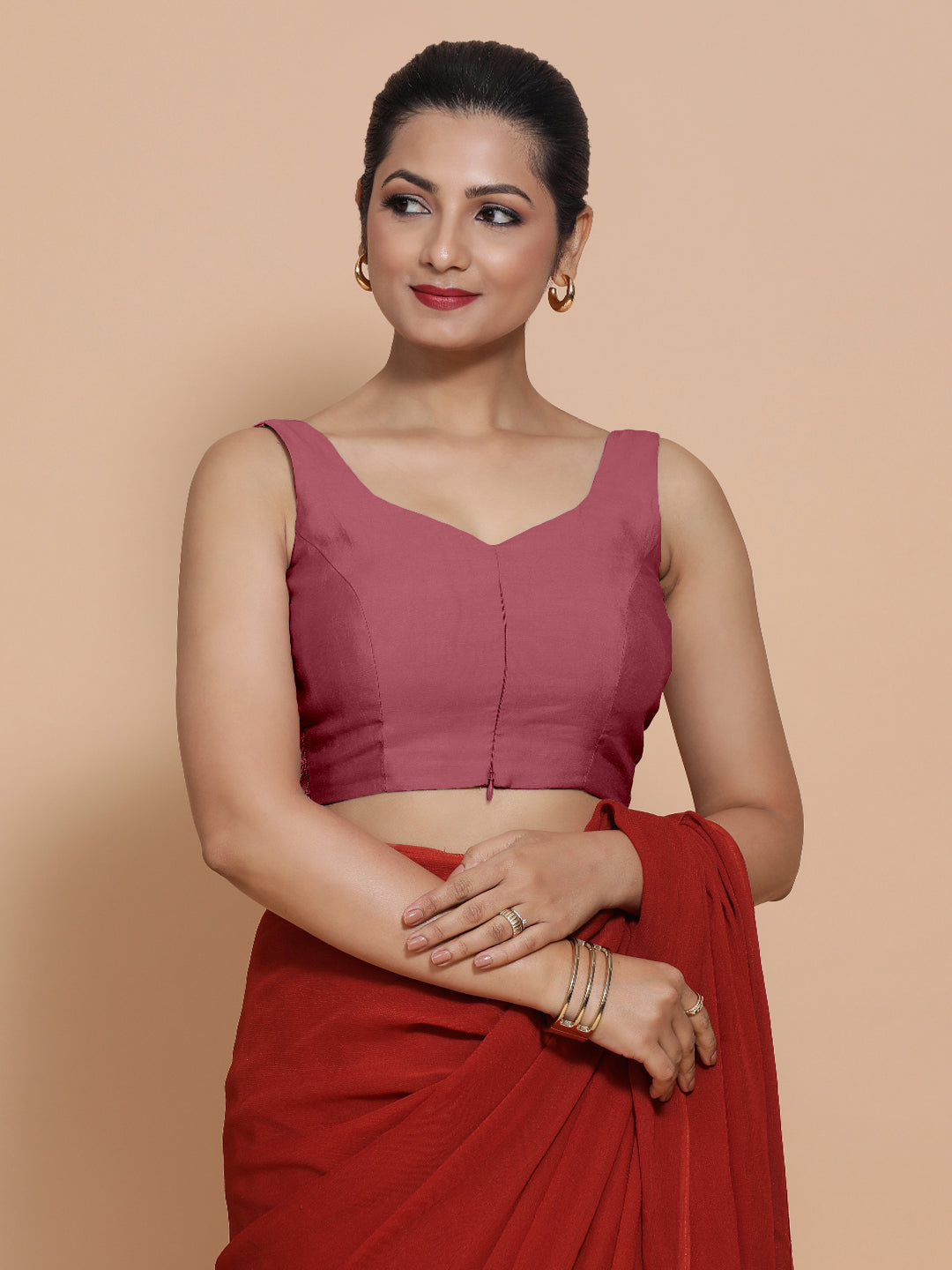 Nitya x Rozaana Saree Blouse, in Pink Viscose, featuring sleeveless and sweetheart neckline, made for daily & work (view 6).