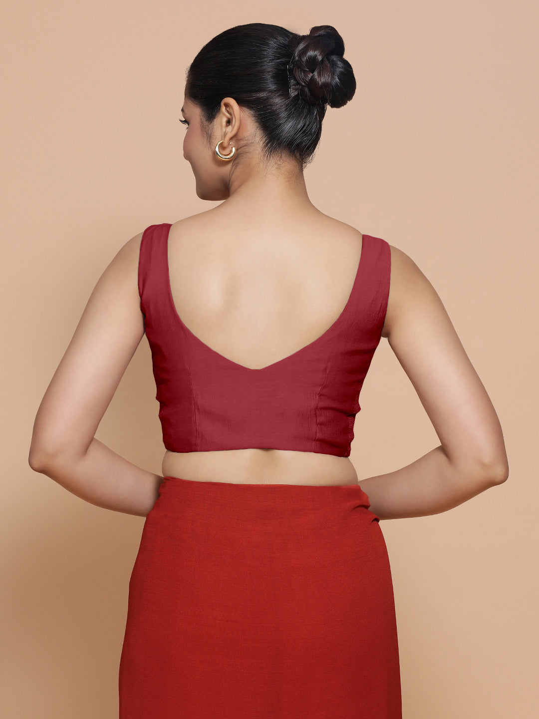 Nitya x Rozaana Saree Blouse, in Red Viscose, featuring sleeveless and sweetheart neckline, made for daily & work (view 2).