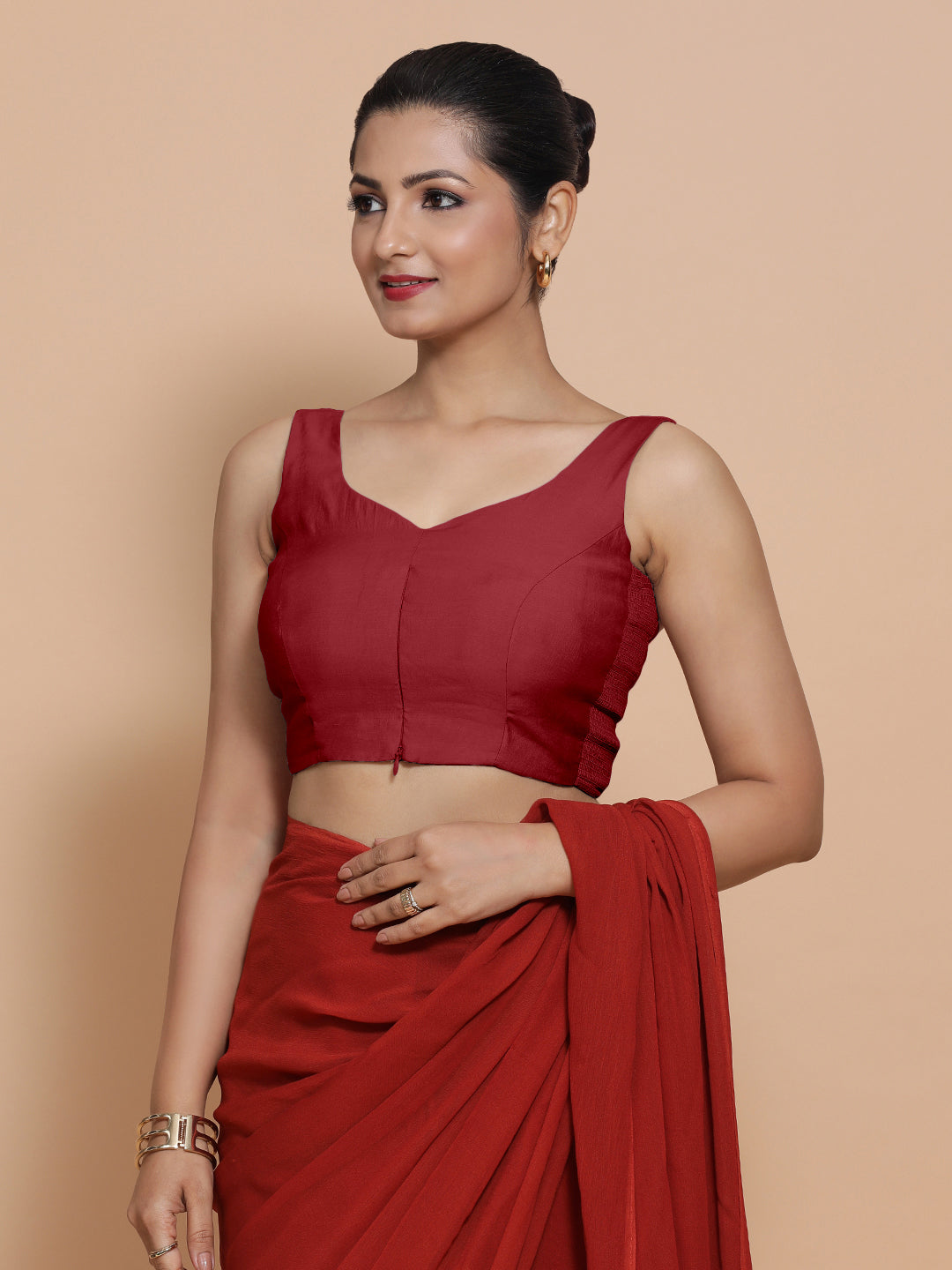 Nitya x Rozaana Saree Blouse, in Red Viscose, featuring sleeveless and sweetheart neckline, made for daily & work (view 6).