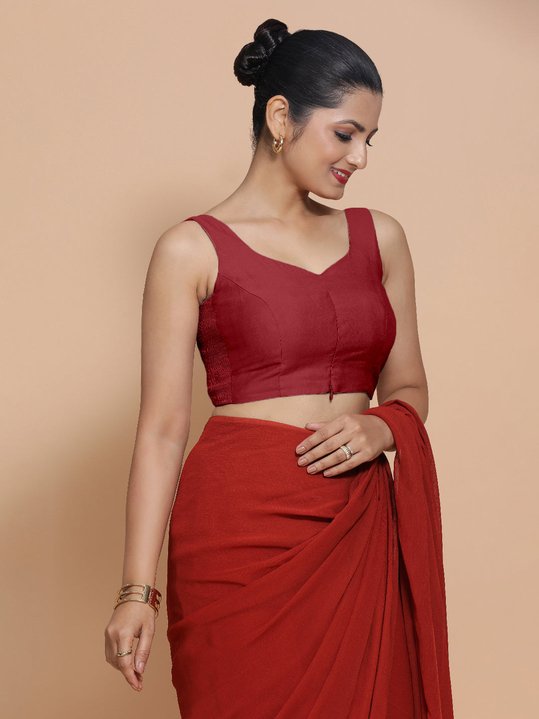Nitya x Rozaana Saree Blouse, in Red Viscose, featuring sleeveless and sweetheart neckline, made for daily & work (view 8).