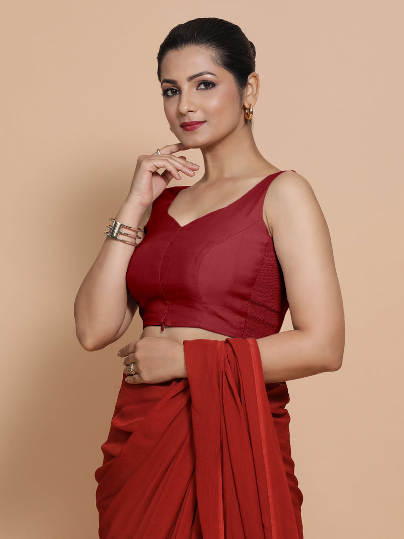 Nitya x Rozaana | Sleeveless Saree Blouse in Scarlet Red-Binks
