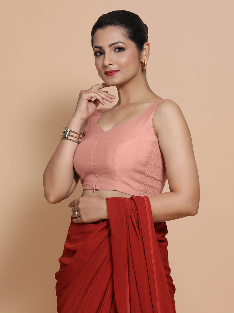 Nitya x Rozaana | Sleeveless Saree Blouse in Sea Pink-Binks