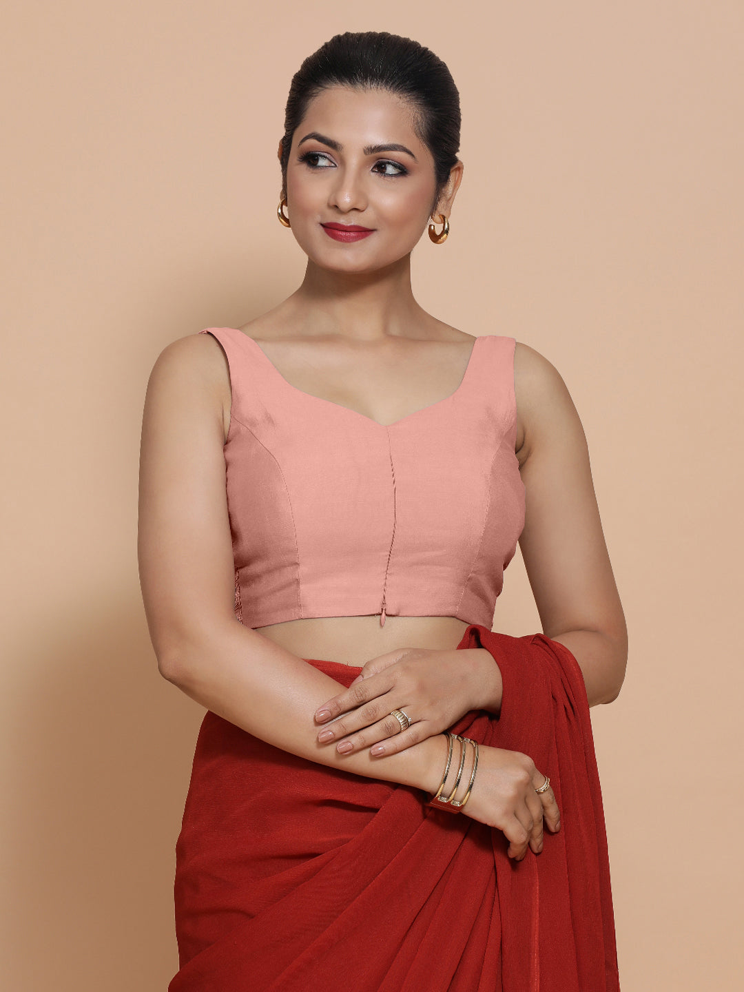 Nitya x Rozaana Saree Blouse, in Pink Viscose, featuring sleeveless and sweetheart neckline, made for daily & work (view 7).