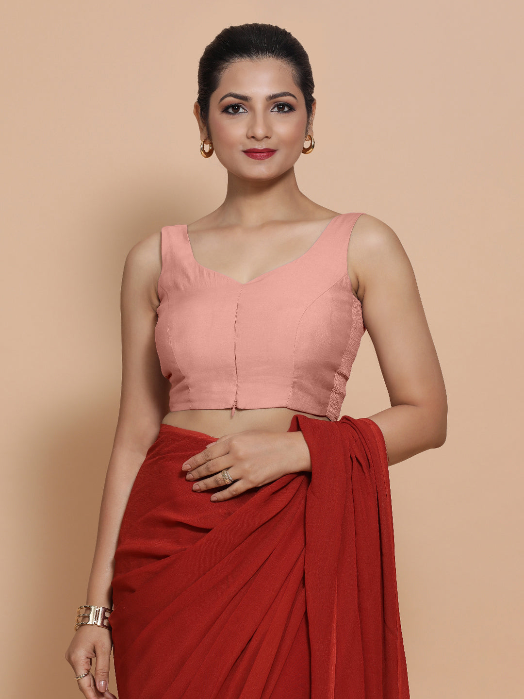 Nitya x Rozaana Saree Blouse, in Pink Viscose, featuring sleeveless and sweetheart neckline, made for daily & work (view 8).