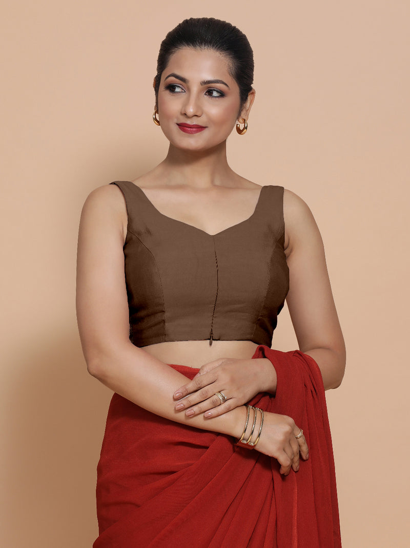Nitya x Rozaana | Sleeveless Saree Blouse in Walnut Brown-Binks