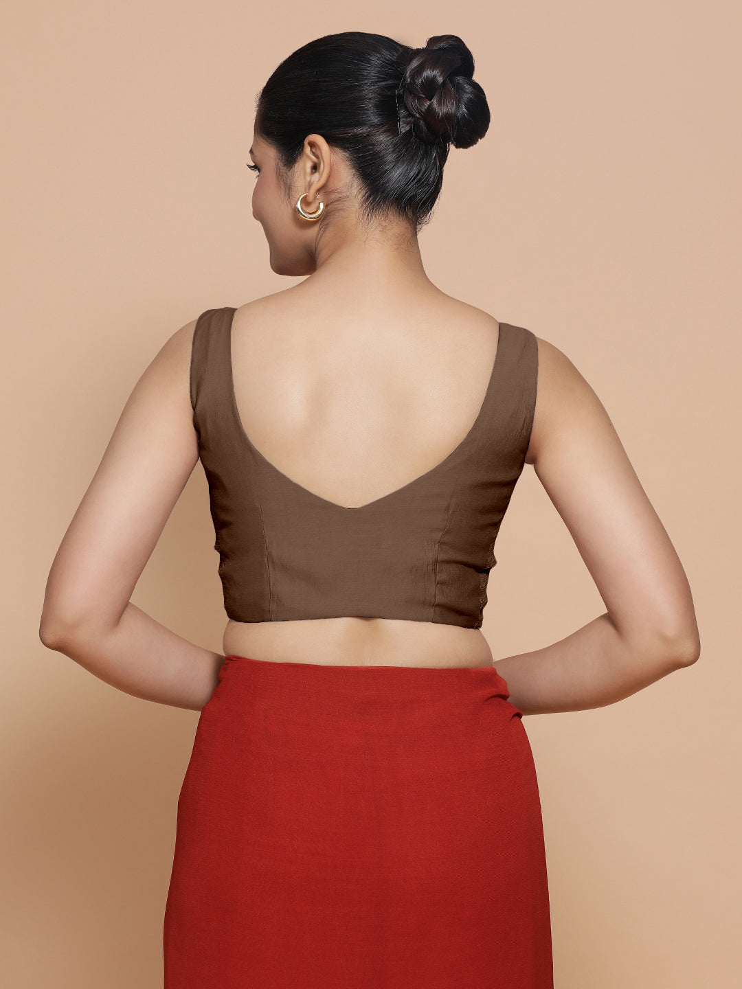 Nitya x Rozaana Saree Blouse, in Brown Viscose, featuring sleeveless and sweetheart neckline, made for daily & work (view 2).