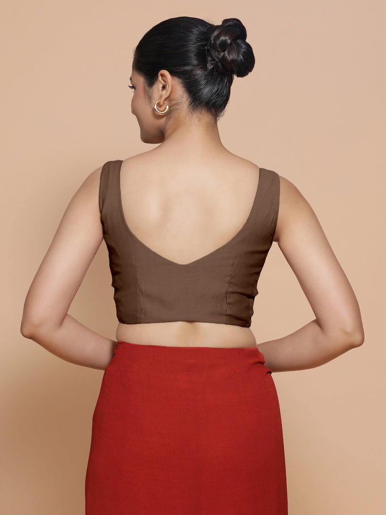 Nitya x Rozaana Saree Blouse, in Brown Viscose, featuring sleeveless and sweetheart neckline, made for daily & work (view 2).