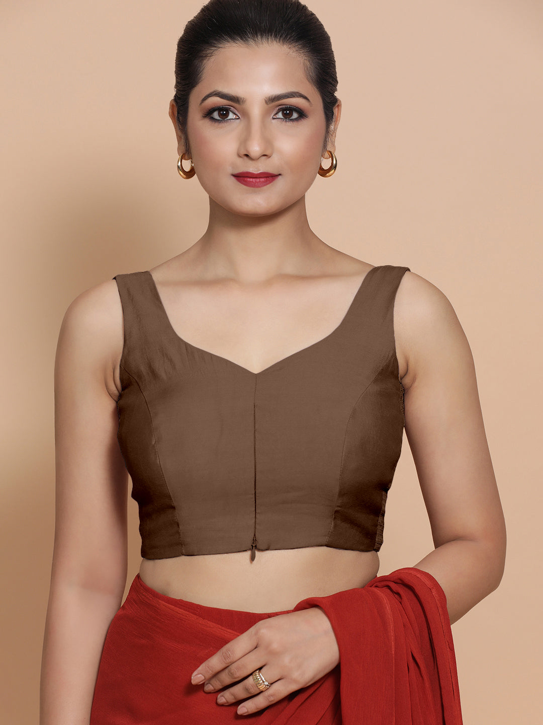 Nitya x Rozaana Saree Blouse, in Brown Viscose, featuring sleeveless and sweetheart neckline, made for daily & work (view 5).