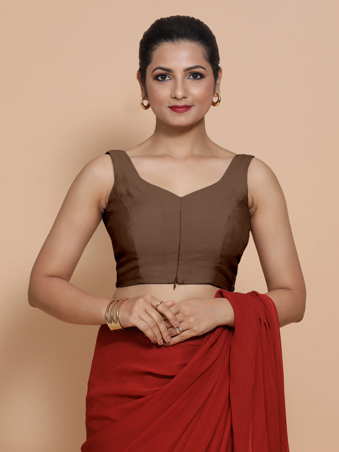 Nitya x Rozaana Saree Blouse, in Brown Viscose, featuring sleeveless and sweetheart neckline, made for daily & work (view 6).