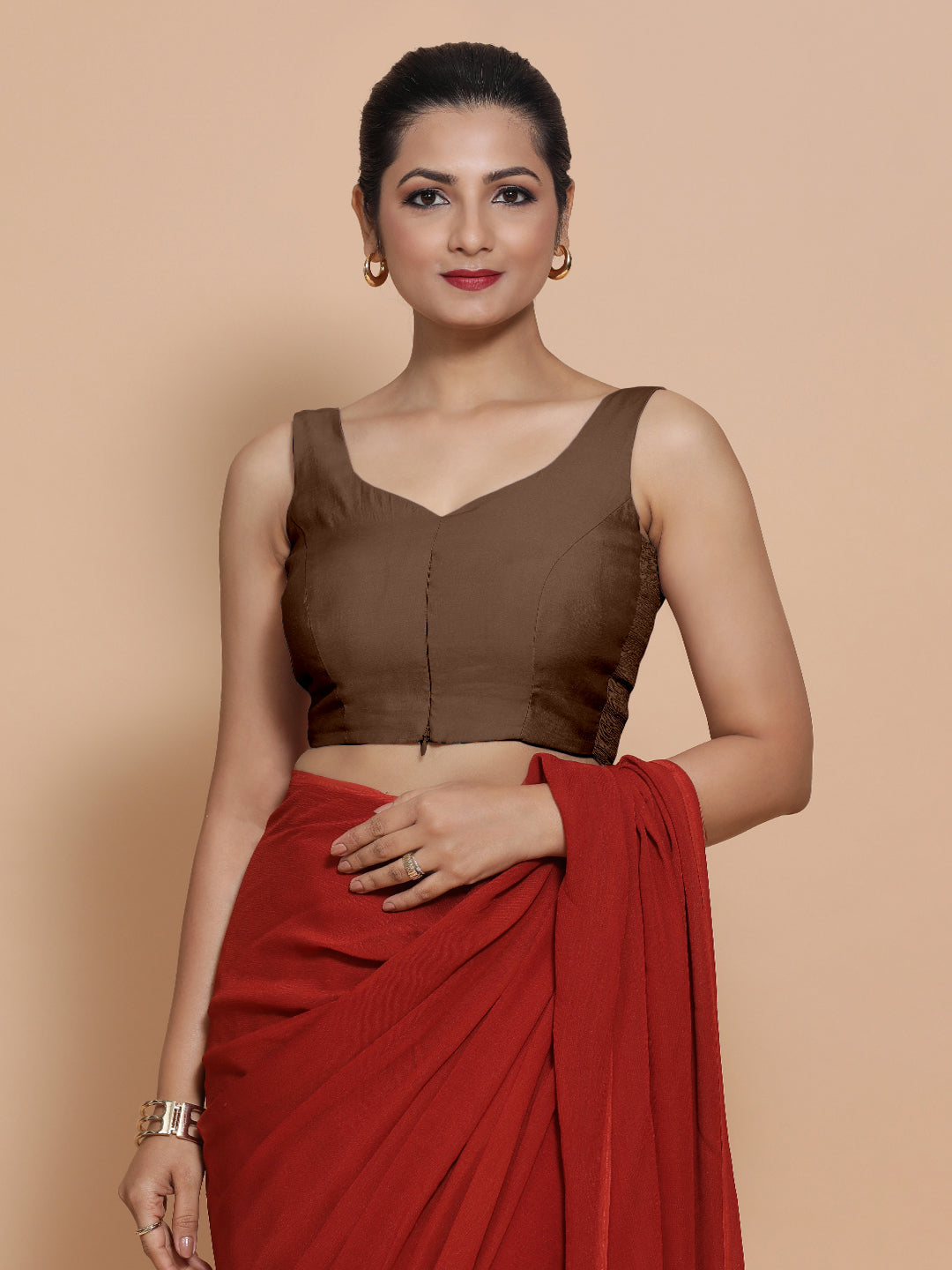 Nitya x Rozaana Saree Blouse, in Brown Viscose, featuring sleeveless and sweetheart neckline, made for daily & work (view 7).