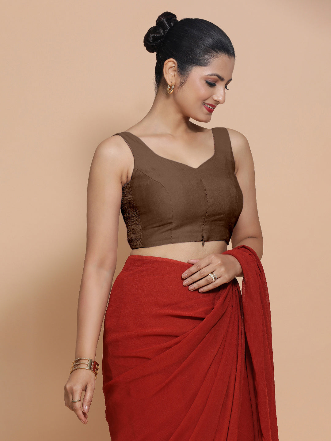 Nitya x Rozaana Saree Blouse, in Brown Viscose, featuring sleeveless and sweetheart neckline, made for daily & work (view 8).