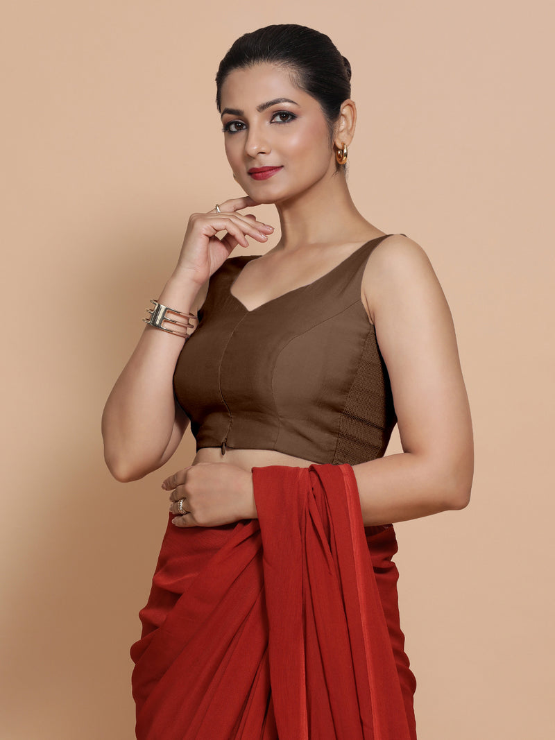 Nitya x Rozaana | Sleeveless Saree Blouse in Walnut Brown-Binks