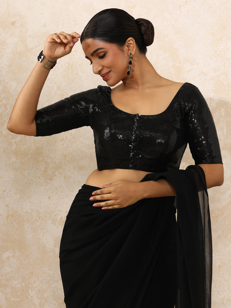 Noreen x Tyohaar | Elbow Sleeves Black Sequined Saree Blouse with Round Neck-Binks