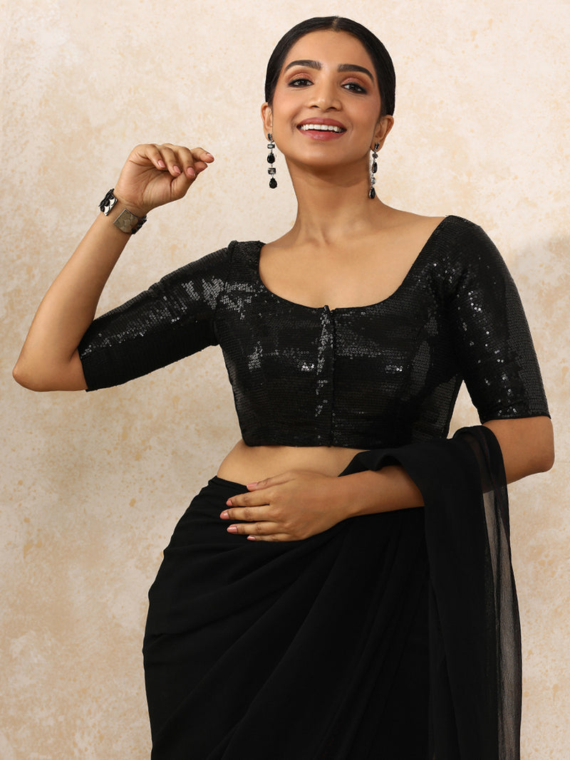 Noreen x Tyohaar | Elbow Sleeves Black Sequined Saree Blouse with Round Neck-Binks