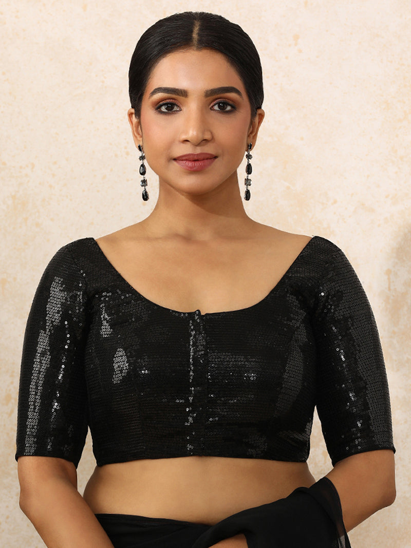Noreen x Tyohaar | Elbow Sleeves Black Sequined Saree Blouse with Round Neck-Binks